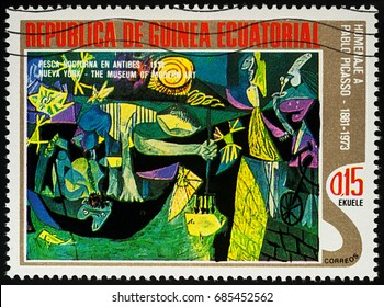 Moscow, Russia - July 27, 2017: A stamp printed in Equatorial Guinea, shows painting "Fisherman at night from Antibes" by Pablo Picasso, series "Picasso: Abstract paintings", circa 1975