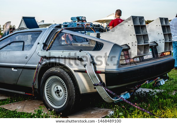 MOSCOW, RUSSIA - JULY 27,\
2019: A futuristic design early for its time, the DeLorean starred\
in the film Back to the Future and remains popular with classic car\
enthusiasts.