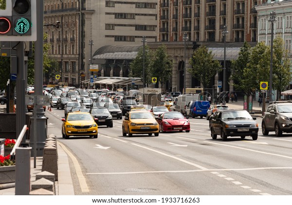 Moscow, Russia, July 27, 2020 -\
a stream of cars on the central street in Moscow, Tverskaya\
street