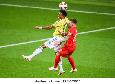Moscow, Russia – July 3, 2018. Colombia national football team winger Johan Mojica against England right-back Kieran Trippier during World Cup 2018 Round of 16 match Colombia vs England