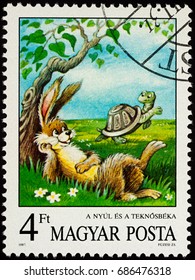 Moscow, Russia - July 30, 2017: A Stamp Printed In Hungary Shows Scene From A Fable 