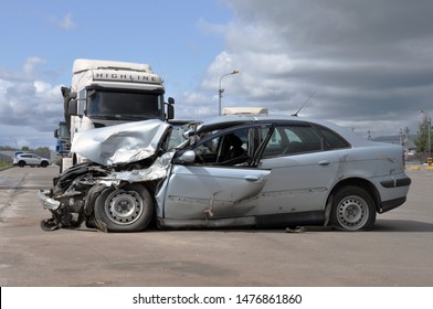 Moscow, Russia - July 30, 2019: Accident Involving A Car And A Truck. Broken Car