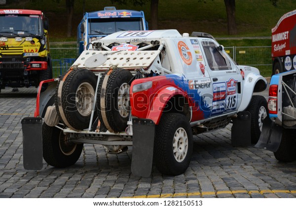 MOSCOW, RUSSIA -\
JULY 5, 2013: Silk Way rally raid racing four wheel drive car\
before start at the Moscow Red Square. Silk Way Rally is an annual\
rally raid type of off-road\
race.