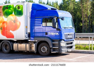 Moscow, Russia - July 6, 2021: MAN Truck Of Grocery Lenta Store. Freight Delivery Truck On A Highway