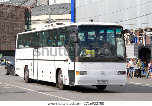 Moscow, Russia - July 7, 2012:\
White touristic coach bus Mercedes-Benz Turk O304 in the city\
street.