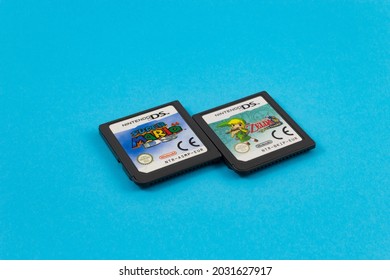 Moscow, Russia - July 7, 2021: Video game cartridges for Super Mario 64 DS and The Legend of Zelda: Spirit Tracks, made for the 2004 Nintendo DS handheld console. CREDIT: Yuri Litvinenko - 30pin