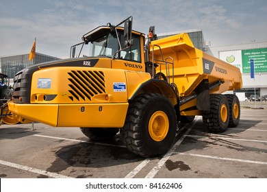 MOSCOW, RUSSIA - JUNE 02:  Yellow lorry truck on display at Moscow International exhibition Construction equipment and technologies on JUNE 02, 2010 in Moscow, Russia.