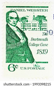 MOSCOW, RUSSIA - JUNE 09, 2021: Postage stamp printed in USA shows Daniel Webster and Dartmouth Hall, Dartmouth College Case Issue serie, circa 1969