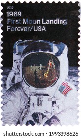 MOSCOW, RUSSIA - JUNE 09, 2021: Postage Stamp Printed In USA Shows Buzz Aldrin Poses On The Moon, 50th Anniversary Of Moon Landing (2019) Serie, Circa 2019