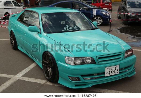 MOSCOW, RUSSIA - JUNE 1, 2019: Open automobile\
festival of Stance culture in Podsolnukhi Art and Food center,\
Moscow city, Russia. Unusual tuning blue Toyota car. Customized\
blue car. Art Toyota\
car