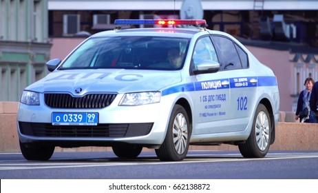 MOSCOW, RUSSIA - June 11, 2017. Russian Road Police Skoda Octavia Patrol Car With Light Bar On
