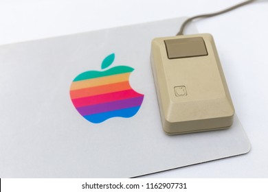 MOSCOW, RUSSIA - JUNE 11, 2018: Old Original Apple Mac Mouse In Museum In Moscow Russia