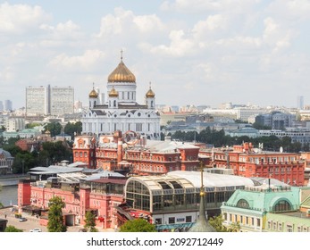 MOSCOW, RUSSIA - June 14, 2021. Aerial View On Cathedral Of Jesus The Christ And Old Chocolate Factory Red October.