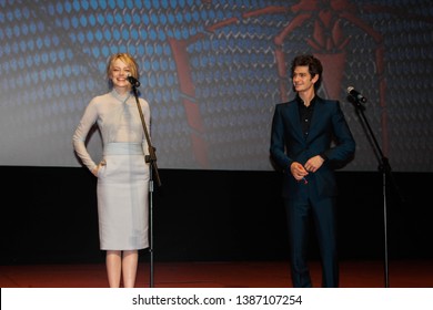 Moscow, Russia - June 15, 2012: Andrew Garfield And Emma Stone At The Amazing Spider-Man Premiere At Cinema October On Stage