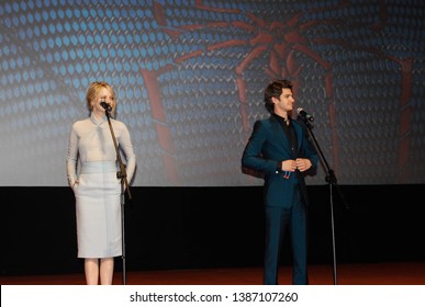 Moscow, Russia - June 15, 2012: Andrew Garfield And Emma Stone At The Amazing Spider-Man Premiere At Cinema October On Stage