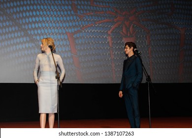 Moscow, Russia - June 15, 2012: Andrew Garfield And Emma Stone At The Amazing Spider-Man Premiere At Cinema October On Stage