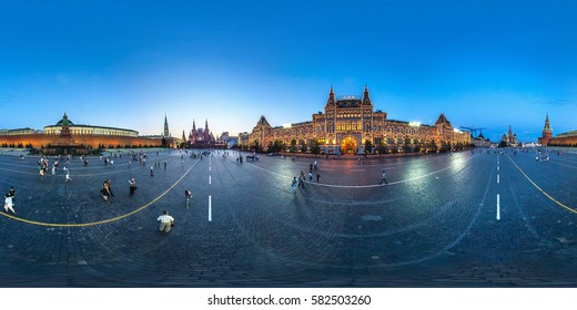 MOSCOW, RUSSIA - June 15, 2014: Full 360 degree equidistant equirectangular spherical panorama in Red Square about Kremlin in the night