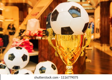 
Moscow, Russia, June 15, 2018: Cup And Soccer Balls Decorate The Shop Window In The Store In Moscow.The 2018 FIFA World Cup In Russia