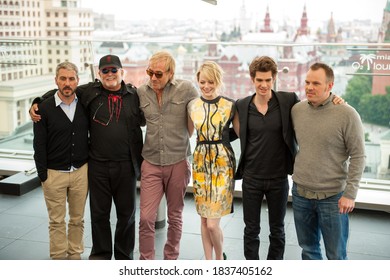 Moscow / Russia - June 16, 2012, Rhys Ifans, Emma Stone, Andrew Garfield  In Front Of Kremlin