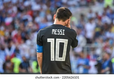 Moscow, Russia - June 16, 2018. Argentina National Football Team Captain Lionel Messi During FIFA World Cup 2018 Match Argentina Vs Iceland (1-1). View From The Back.