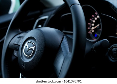 Moscow, Russia - June 17, 2014: Front Side Of The Mazda 3 Skyactiv Steering Wheel With Parts Of The Dashboard