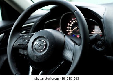 Moscow, Russia - June 18, 2014: Mazda 3 Skyactiv Steering Wheel In Interior With Dashboard 