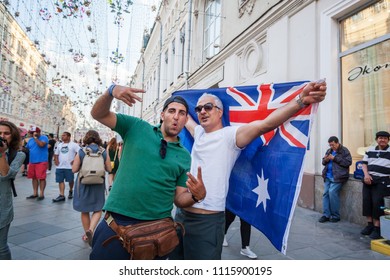 Moscow, Russia. June, 18, 2018. Australian Football Fans With A Flag On Nikolskaya Street In Moscow