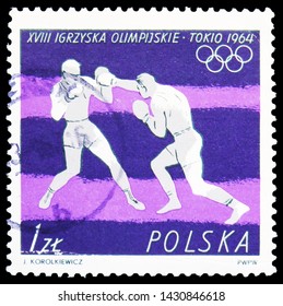 MOSCOW, RUSSIA - JUNE 19, 2019: Postage Stamp Printed In Poland Shows Boxing (square), Olympic Games 1964 - Tokio Serie, Circa 1964