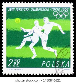 MOSCOW, RUSSIA - JUNE 19, 2019: Postage Stamp Printed In Poland Shows Soccer (square), Olympic Games 1964 - Tokio Serie, Circa 1964