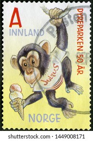 MOSCOW, RUSSIA - JUNE 19, 2019: A Stamp Printed In Norway Shows Monkey, The 50th Anniversary Of Kristiansand Zoo And Amusement Park Dyrepark, 2016 