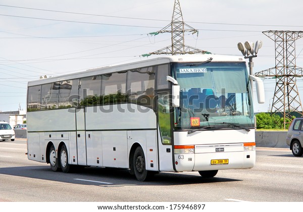 MOSCOW, RUSSIA - JUNE 2, 2012: White Van\
Hool T9 Alizee interurban coach at the city\
street.