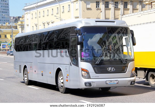 MOSCOW, RUSSIA -\
JUNE 2, 2013: Grey Hyundai Universe Space Luxury interurban coach\
at the city street.