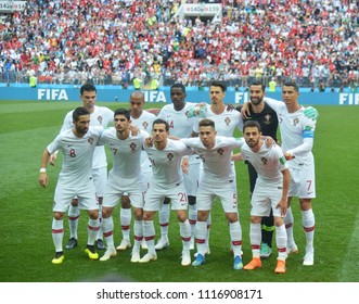 MOSCOW, RUSSIA - June 20, 2018: Portugal Team Posing For A Photo During The FIFA 2018 World Cup. Portugal Is Facing Morocco In The Group B At Luzhniki Stadium. 


