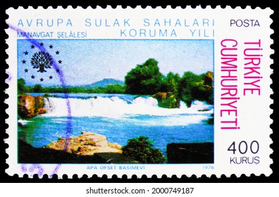 MOSCOW, RUSSIA - JUNE 20, 2021: Postage Stamp Printed In Turkey Shows Manavgat Waterfall, The European Wetland Conservation Year Serie, Circa 1976