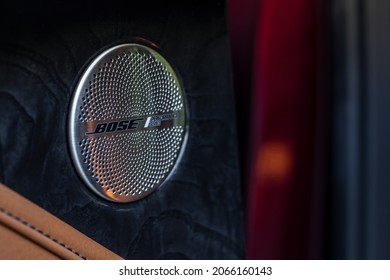 MOSCOW, RUSSIA - JUNE 20, 2021 Bose speaker grille. Modern car Interior close up view. Details of Modern car interior.