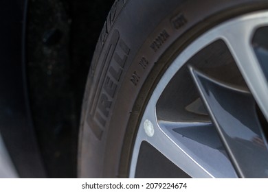 MOSCOW, RUSSIA - JUNE 20, 2021 Pirelli Cinturato tire model logo on the sidewall of the new tire. The detail of a brand new Pirelli tyre.