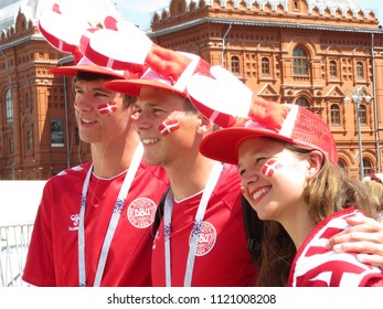 Moscow, Russia - June 2018: Football Fan From Denmark In Moscow During The FIFA 2018 World Cup. Danish Posing On Red Square