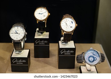 Moscow, Russia - June 2019: Expensive Presentable Wrist Watches Glashutte. Luxury Store Glashutte In Moscow. 