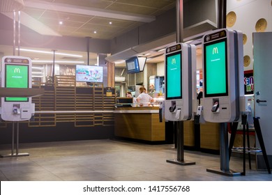 Moscow, Russia - June 2019: McDonald's Order Kiosk Pay Through Self.  McDonald's Restaurant Interior. 