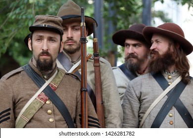 Moscow, Russia - June 2019: Soldiers of the Confederate army on a march during the Moscow historical festival Times and epochs. Reconstruction of American Civil war, history of USA