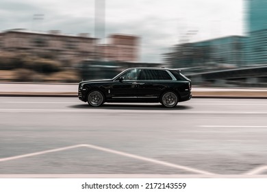 Moscow, Russia - June 2022: Rolls-Royce Cullinan Car Moving On The Street. Compliance With Speed Limits On Road Concept. Dynamic Exterior Image