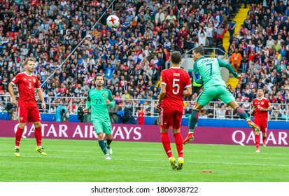 Moscow, Russia – June 21, 2017. Players Roman Shishkin, Adrien Silva, Viktor Vasin And Cristiano Ronaldo During FIFA Confederations Cup 2017 Match Russia Vs Portugal.