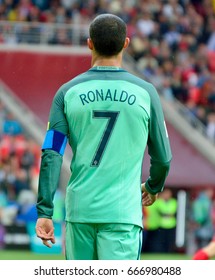 MOSCOW, RUSSIA - JUNE 21, 2017. Portuguese Striker Cristiano Ronaldo During FIFA Confederations Cup Match Russia Vs Portugal, From The Back.