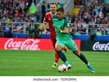 MOSCOW, RUSSIA - JUNE 21, 2017. Russian Defender Roman Shishkin And Portuguese Midfielder Andre Silva In FIFA Confederations Cup Match Russia Vs Portugal.