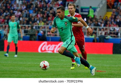 MOSCOW, RUSSIA - JUNE 21, 2017. Russian Defender Roman Shishkin And Portuguese Midfielder Andre Silva In FIFA Confederations Cup Match Russia Vs Portugal.