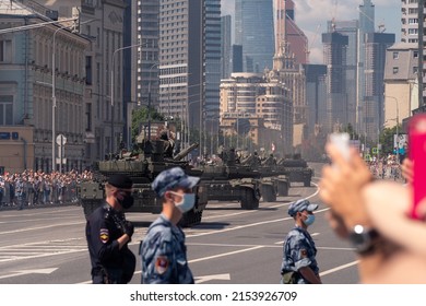 MOSCOW, RUSSIA - JUNE 24, 2020: A Column Of Russian Tanks At The Victory Day Parade