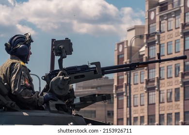 MOSCOW, RUSSIA - JUNE 24, 2020: Soldiers Ride Armored Military Vehicles At The Victory Day Parade