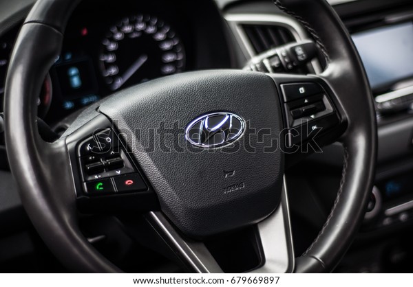 MOSCOW,\
RUSSIA - JUNE 25, 2017 Hyundai Creta / Hyundai ix25, interior view.\
Hyundai Motor logo. Hyundai close-up logo.\
