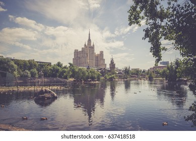 MOSCOW, RUSSIA - JUNE 26, 2016: Skyscraper on the Kudrinskaya Square. View from the Moscow Zoo