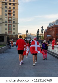 Moscow, Russia - June 26, 2018: Danish Football Fans Walking On Manezhnaya Square After Denmark Won The Match